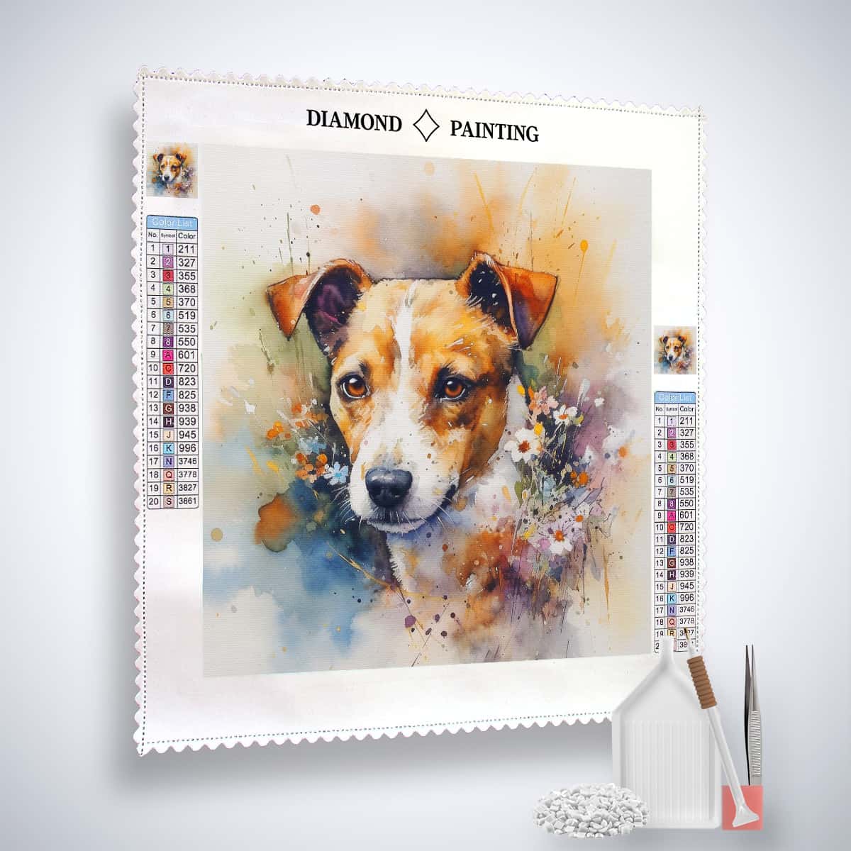 Diamond Painting Kit - Treuer Freund with dog portrait, acrylic diamonds, artist tweezers, and professional setting pen.