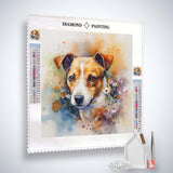 Diamond Painting Kit - Treuer Freund with dog portrait, acrylic diamonds, artist tweezers, and professional setting pen.