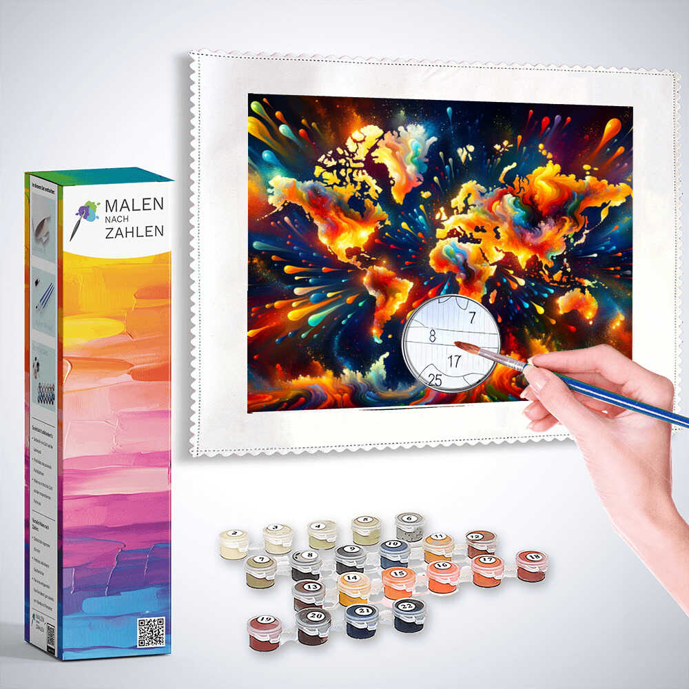 Malen nach Zahlen - Weltkarte, Farbkleckse