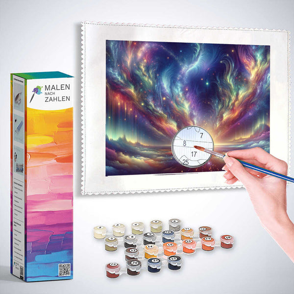 "Malen nach Zahlen - Kosmisches Erwachen der Welt Set mit leuchtenden Farben und Galaxienmotiv in einer handgehaltenen Leinwand"