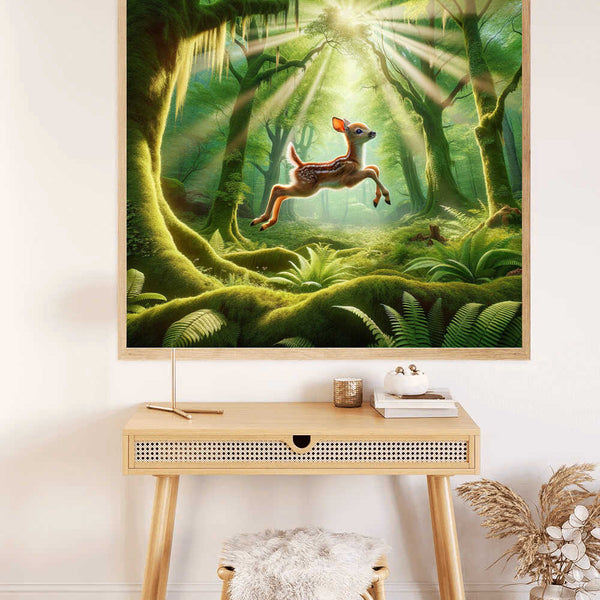 Malen nach Zahlen - Waldeserwachen painting of a deer in a lush forest displayed above a wooden table and chair