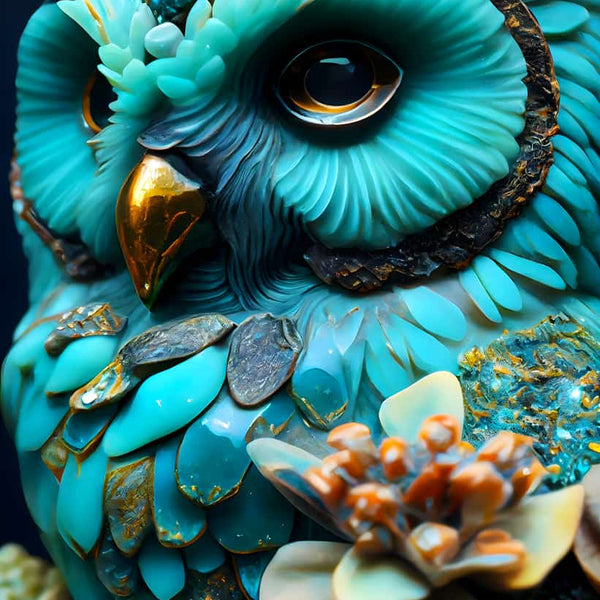 Malen nach Zahlen - Türkisfarbene Eule mit goldenen und orangenen Akzenten, detailliertes Kunstwerk, entspannende Malerei