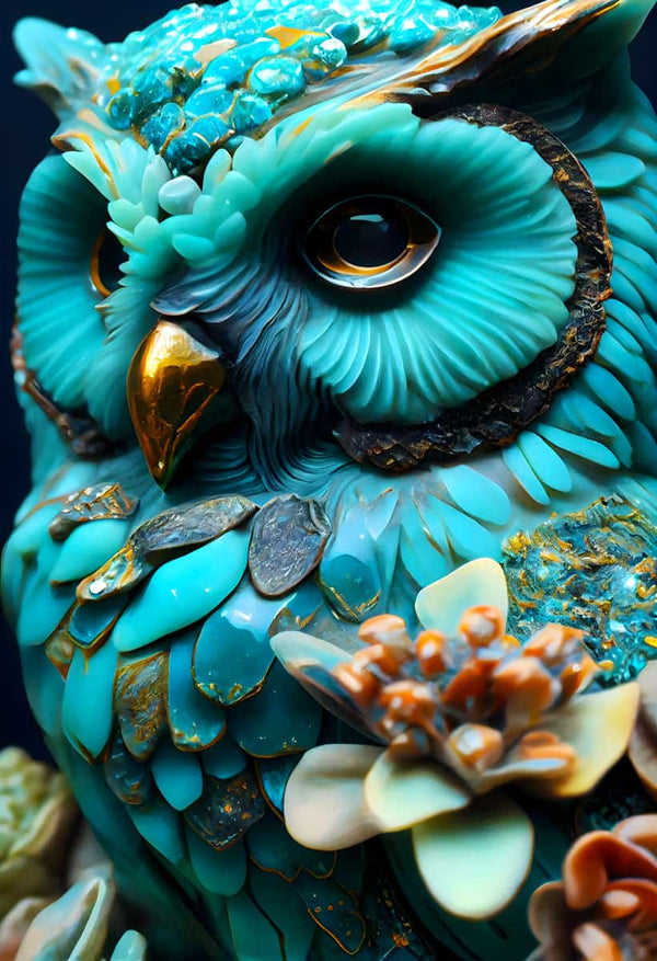 Malen nach Zahlen - Türkisfarbene Eule mit goldenen und orangenen Akzenten, detailliertes Kunstwerk, entspannende Malerei