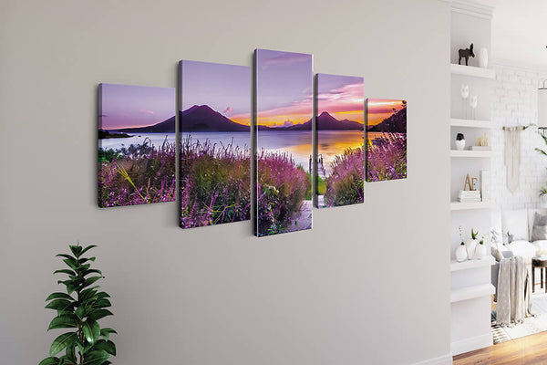 Malen nach Zahlen 5 teilig - Lavendelfeld am Bergsee, Sonnenuntergang - hochwertige Leinwand - multi5, neue_bilder