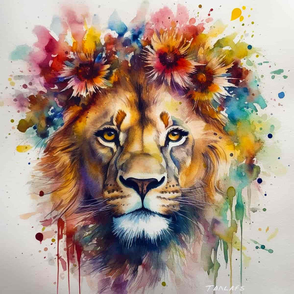 Abstraktes Malen nach Zahlen des Königs der Tiere mit bunten Farben und floralen Akzenten