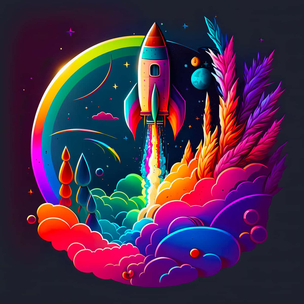 Diamond Painting Kreiselrunde Rakete mit buntem Raketendesign und farbenfroher Landschaft. Funkeleffekt! Kunst-Set für kreative Bastler.