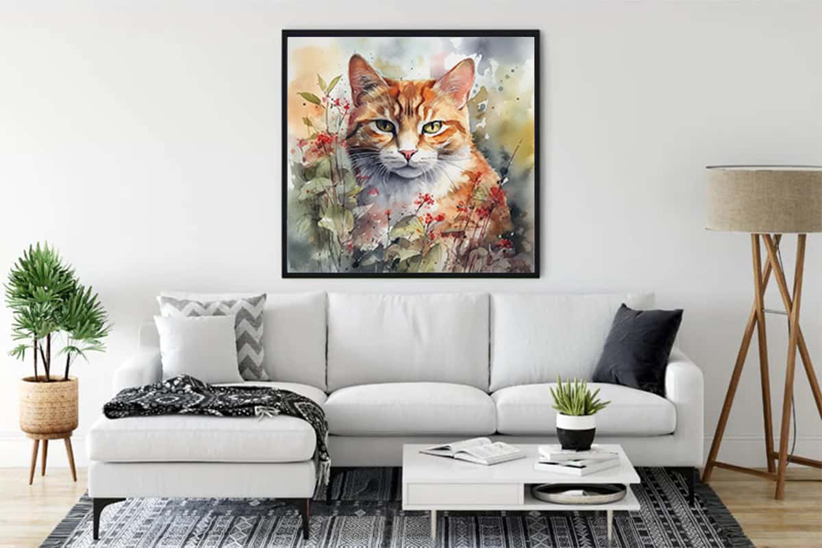 Living room with artwork of a sly cat in floral background, displayed above a white sofa with modern decor.