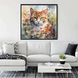 Living room with artwork of a sly cat in floral background, displayed above a white sofa with modern decor.