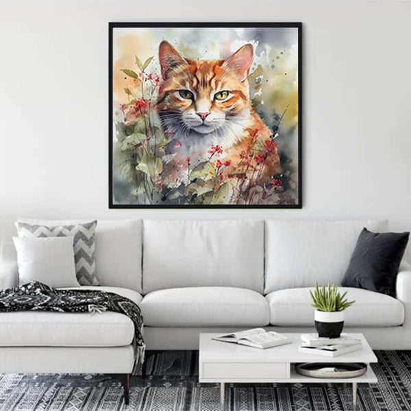 Living room with artwork of a sly cat in floral background, displayed above a white sofa with modern decor.