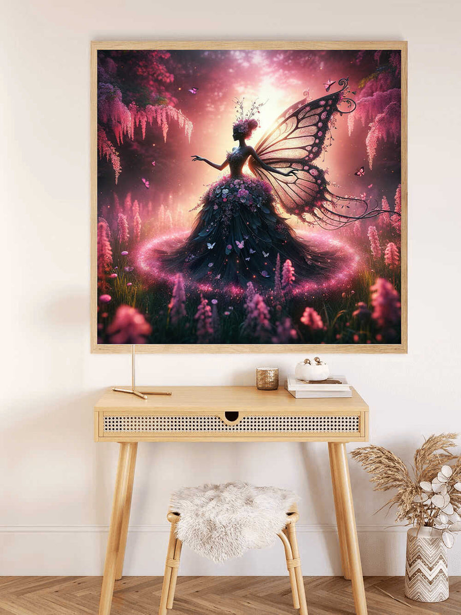 Wall art of a magical fairy with butterfly wings in an enchanted forest, part of "Malen nach Zahlen - Zauber des Erwachens" painting kit.