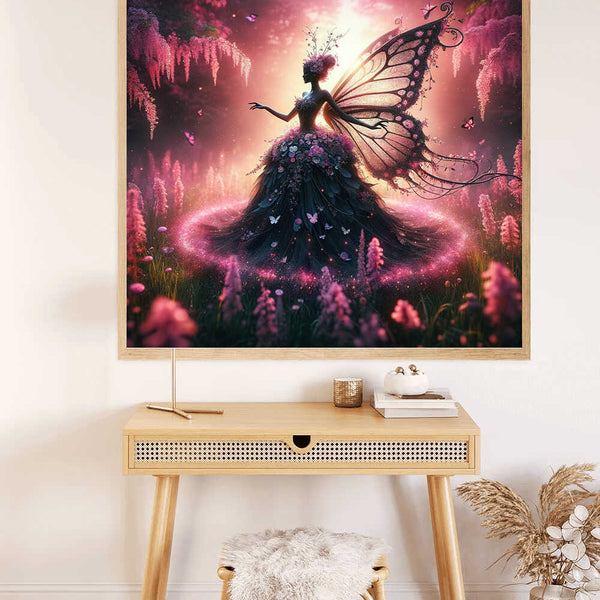 Wall art of a magical fairy with butterfly wings in an enchanted forest, part of "Malen nach Zahlen - Zauber des Erwachens" painting kit.