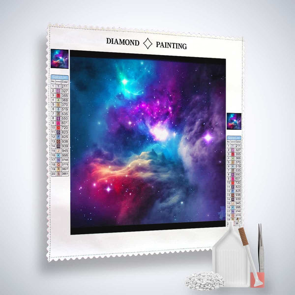 Galaktisches Wunder Diamond Painting Kit with canvas, acrylic diamonds, setzstift, flächensetzer, and tweezers for creating sparkling art.