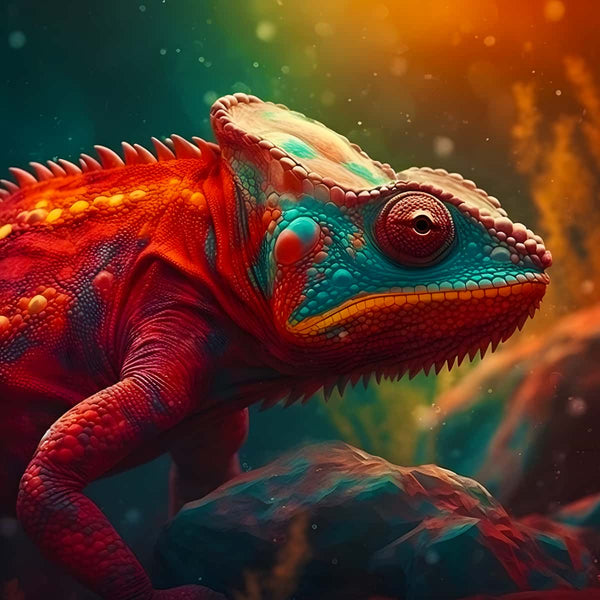 Vibrant chameleon in a colorful environment, part of the AB Diamond Painting kit.