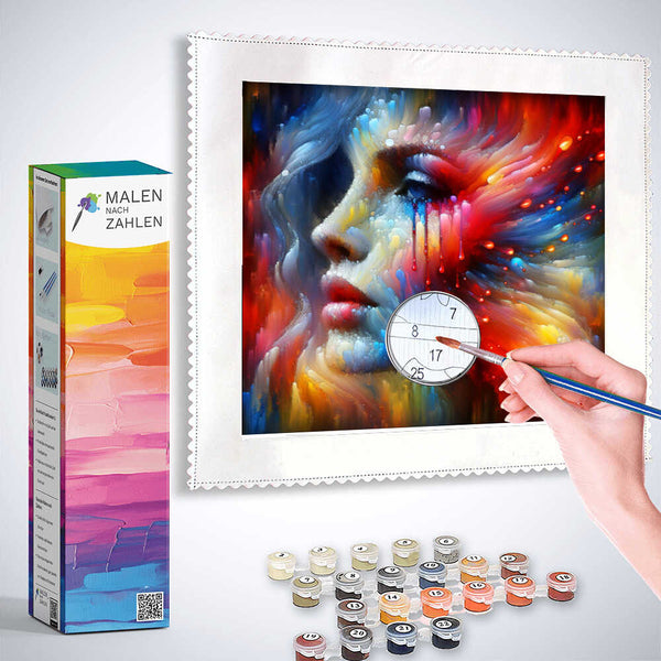 AB Diamond Painting of a colorful abstract woman's portrait with vibrant red, blue, and yellow shades depicting beauty and strength.
