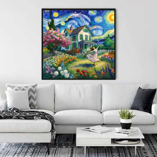Malen nach Zahlen - Sternennacht Flüstern Bild, das auf einer modernen Wohnzimmerwand hängt und eine entspannende Landschaft darstellt