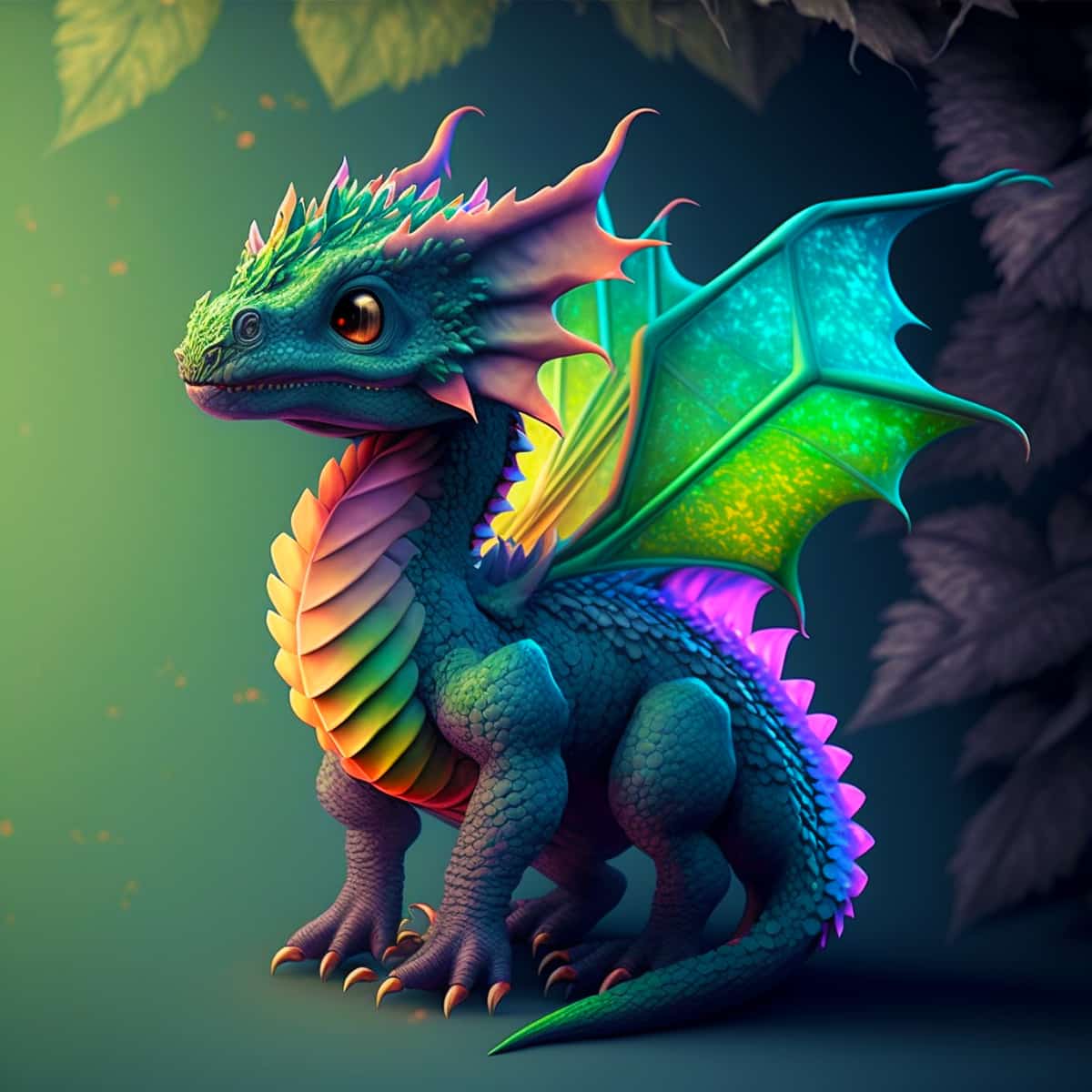 Colorful dragon with vibrant wings and scales in a fantasy forest setting.