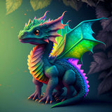 Colorful dragon with vibrant wings and scales in a fantasy forest setting.