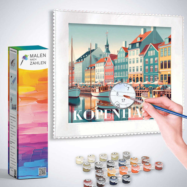 Malen nach Zahlen - Küstenzauber von Kopenhagen, DIY Painting Kit, Relaxing Craft Activity, Coastal Scene, Colorful Houses, Painting Accessories Included