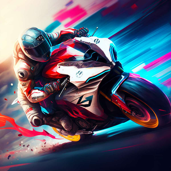Futuristic motorcycle racer in dynamic motion with vibrant colors and speed effects, representing the elegance of a diamond painting motif.