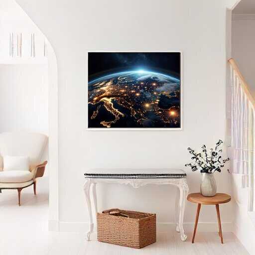 Malen nach Zahlen - Erleuchtete Erde Kunstwerk in modernem Interieur, zeigt nächtliches Glühen der Erde aus dem Weltraum.