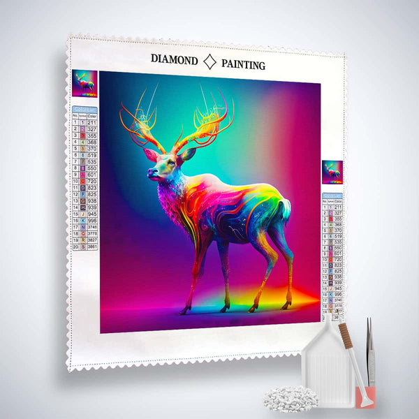 AB Diamond Painting Kit Regenbogenhirsch im Licht – Funkelndes Hirsch-Motiv auf Profi-Leinwand mit Acryl Diamonds und Künstler-Werkzeug.