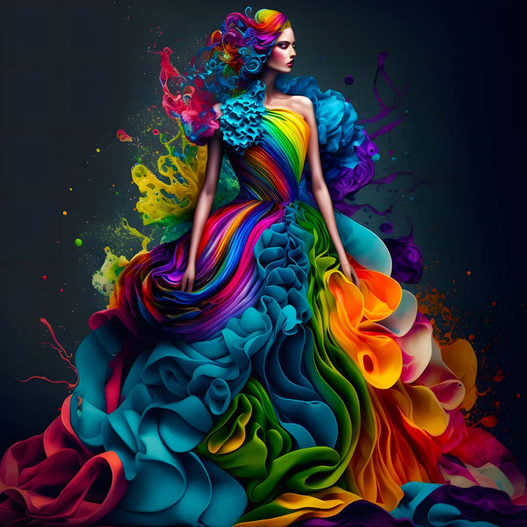 Woman wearing a stunning gradient dress in vibrant rainbow colors with artistic splashes and intricate fabric layers. Malen nach Zahlen - Farbverlauf Kleid.