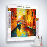 AB Diamond Painting Kit Venedig Klassisch displaying a vibrant Venice canal scene with tools and acrylic diamonds