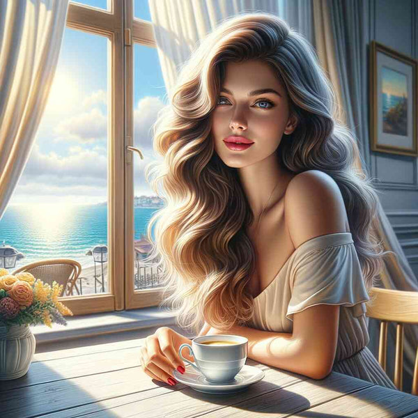 A woman with long wavy hair holding a cup of coffee, sitting by a window with a stunning ocean view in the background.