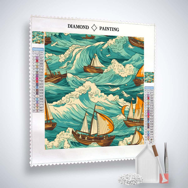 Diamond Painting Kit - Schiffe auf See Motiv. Acrylic diamonds, canvas, tweezers, set pen included for shimmering, artistic experience.