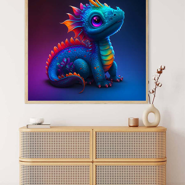 Malen nach Zahlen - Neugieriger Drache Bild über einem modernen Schrank, farbenfrohes Drachenkunstwerk für entspannende Malaktivitäten