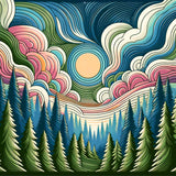 Malen nach Zahlen - Waldesruhe, comic: Abstrakte Tannen und wellenförmiger Himmel in Blau-, Grün- und Rosatönen. Romantischer und moderner Stil.
