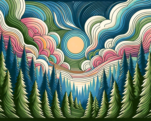 Malen nach Zahlen - Waldesruhe, comic: Abstrakte Tannen und wellenförmiger Himmel in Blau-, Grün- und Rosatönen. Romantischer und moderner Stil.