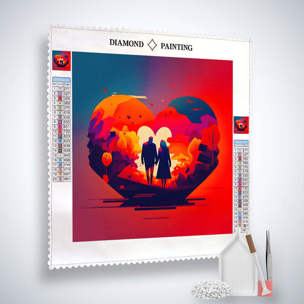AB Diamond Painting Kit - Rote Liebe, vibrant heart design with a romantic couple, professional canvas, acrylic diamonds, and tools included