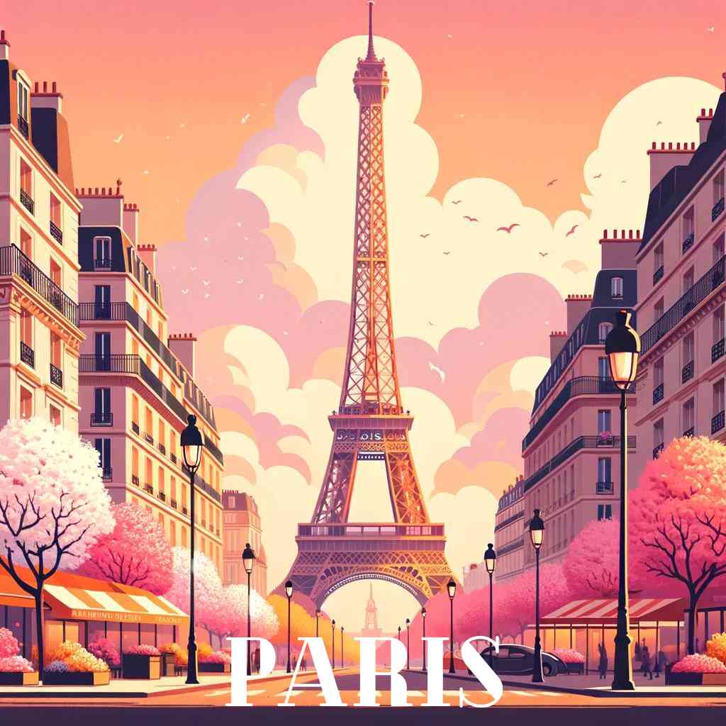 Malen nach Zahlen - Pariser Frühlingstraum, entspannendes Bild von Paris mit Eiffelturm und blühenden Frühlingsbäumen.