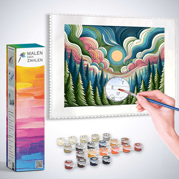 Malen nach Zahlen - Waldesruhe Kunstset mit dichter Tannenlandschaft und wellenförmigem Himmel, moderne und romantische Abstraktion