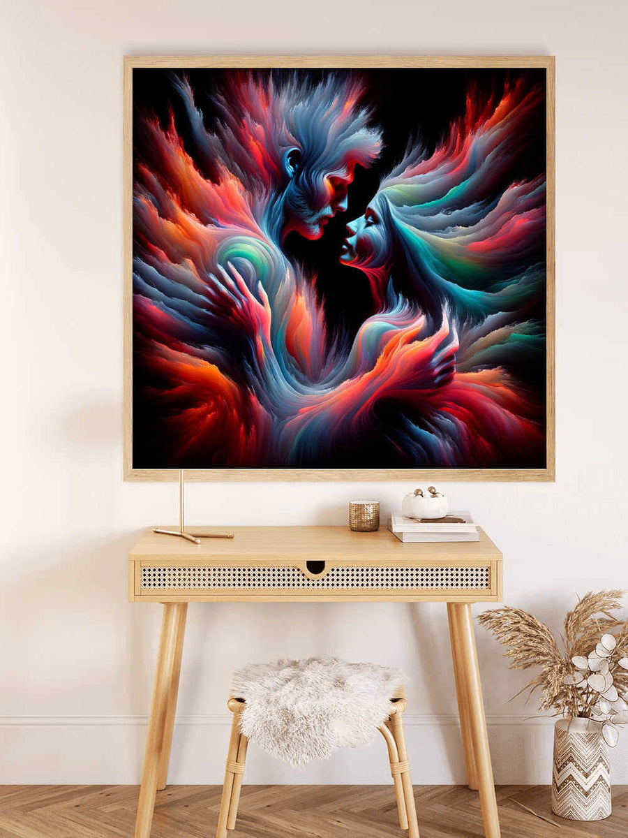 Malen nach Zahlen - Seelenbegegnung im Farbrausch painting displayed above a desk with a chair in a modern room.