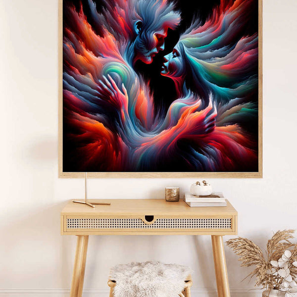 Malen nach Zahlen - Seelenbegegnung im Farbrausch painting displayed above a desk with a chair in a modern room.