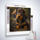 Diamond Painting Kit with Dachshund puppy, complete with acrylic diamonds, canvas, tweezers, and setzstift.