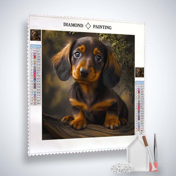 Diamond Painting Kit with Dachshund puppy, complete with acrylic diamonds, canvas, tweezers, and setzstift.