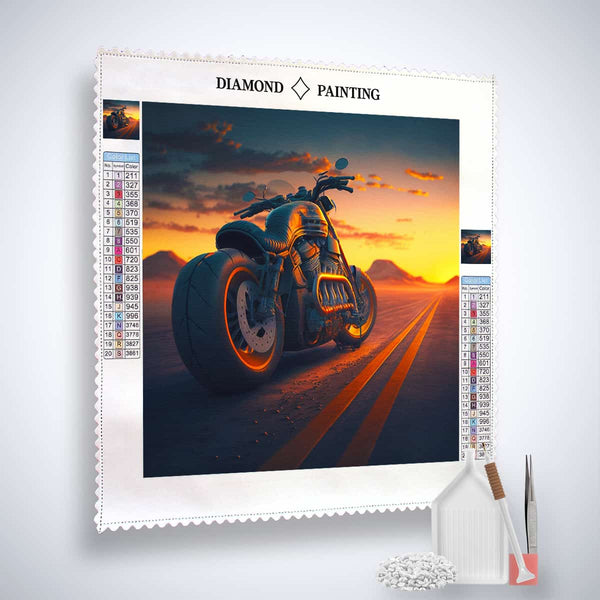 Diamond Painting Kit Classic Cruiser with sunset motorcycle design, includes canvas, acrylic diamonds, tweezers, and setting tools