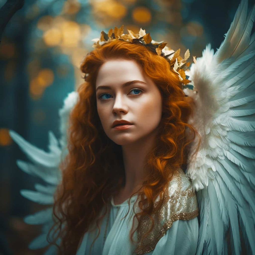 Painting of a red-haired angel with golden highlights and white wings in an enchanting forest background.