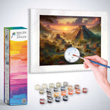 Painting by numbers kit for Maya City in the Jungle with paint pots and brush included