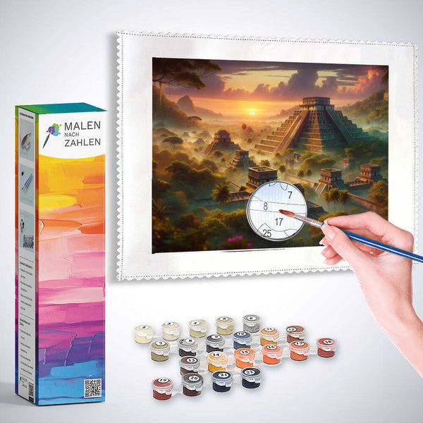 Painting by numbers kit for Maya City in the Jungle with paint pots and brush included