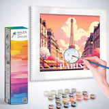 Painting by Numbers kit - Paris Spring Dream with Eiffel Tower, paintbrush, and colorful paint pots. DIY art relaxation.