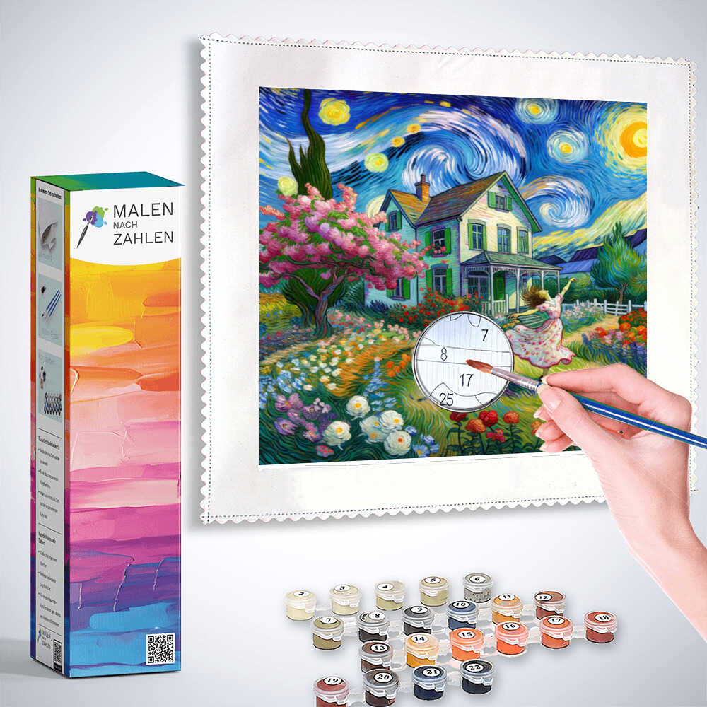 Malen nach Zahlen Sternennacht Flüstern Set, entspannende DIY Kunst, Van-Gogh inspiriertes Haus und Garten, inklusive Farben und Pinsel.