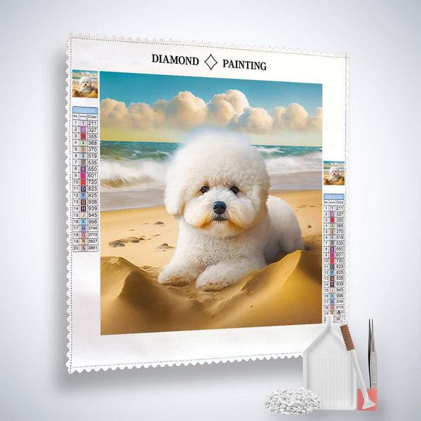 Diamond Painting Kit - Süßer Hund am Strand mit Acryl Diamonds, Leinwand und Werkzeugen für funkelnde Kunstwerke.