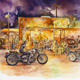 A bustling outdoor scene at a vintage diner with a motorcyclist in the foreground riding a classic bike; vibrant and lively night setting.