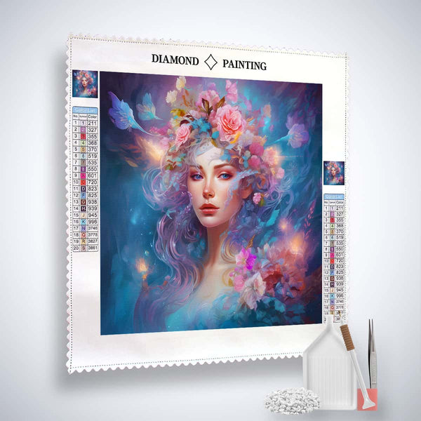 Diamond Painting Kit depicting a woman with floral hair, including canvas, acrylic diamonds, and tools for art creation.