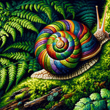 Malen nach Zahlen Waldschnecke in farbenprächtigem Realismus, umgeben von Moos und Farn im grünen Wald, spiralförmige Muster in Erdtönen