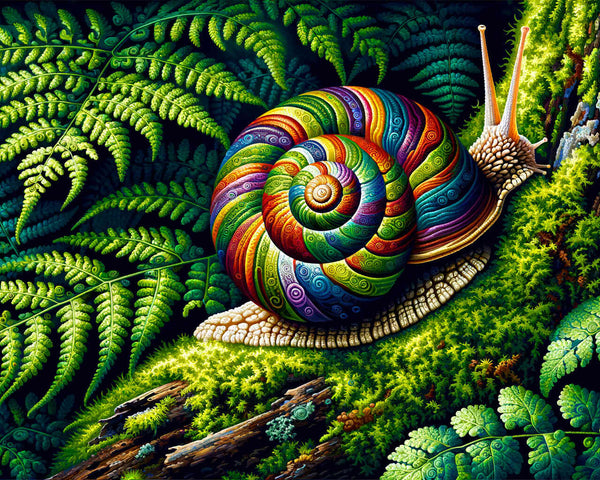 Malen nach Zahlen Waldschnecke in farbenprächtigem Realismus, umgeben von Moos und Farn im grünen Wald, spiralförmige Muster in Erdtönen